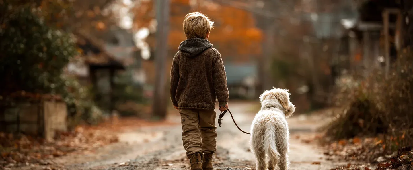 A young handler walking their dog down a country lane