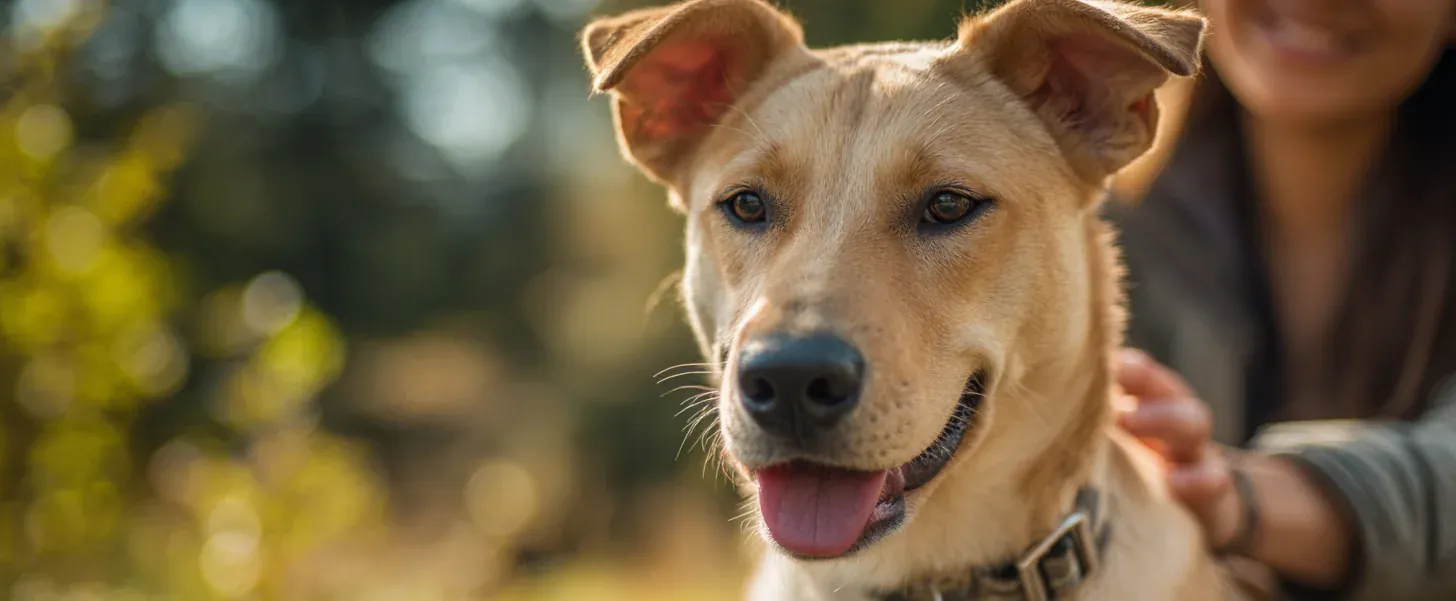 A yellow mixed-breed dog sitting happily beside its owner in a park
