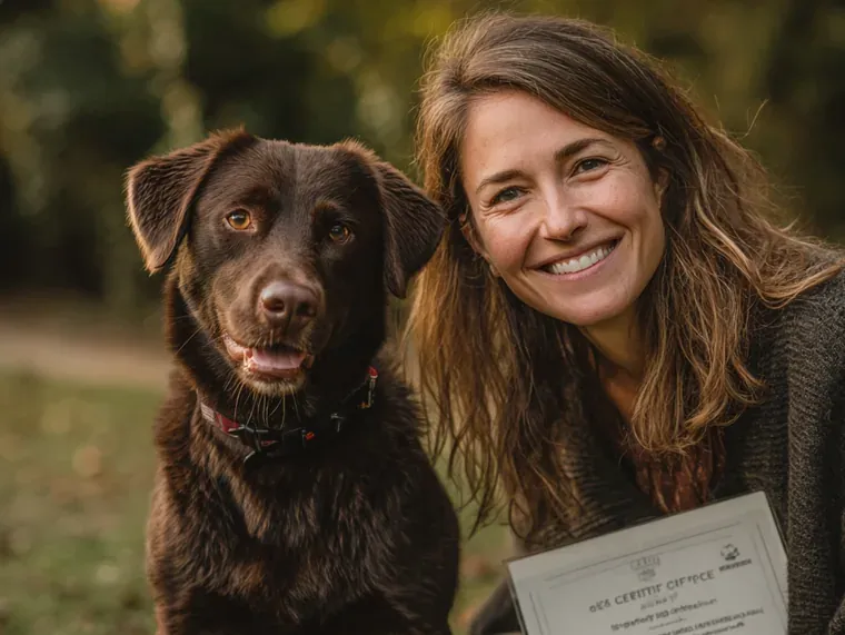 An owner kneeling beside her chocolate Labrador, holding up its Canine Good Citizen certificate