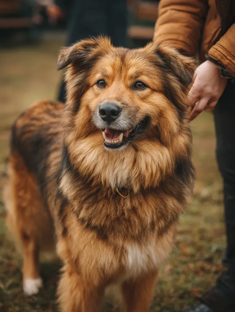 A long-coated dog standing calmly while a stranger reaches down to pet it