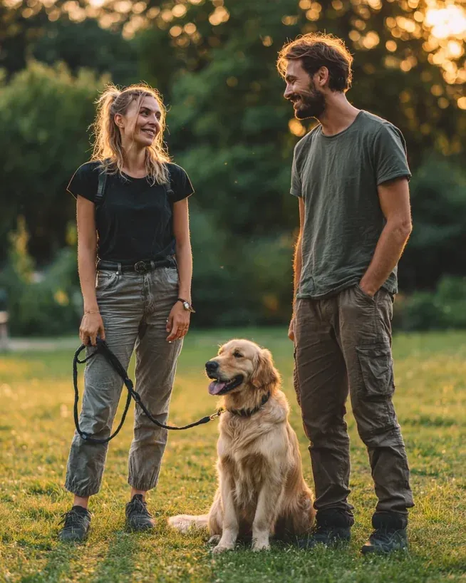 A trainer handing off two white dogs to their owners outdoors