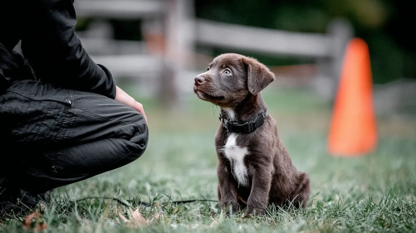 Chocolate puppy sitting attentively beside its trainer on a training field