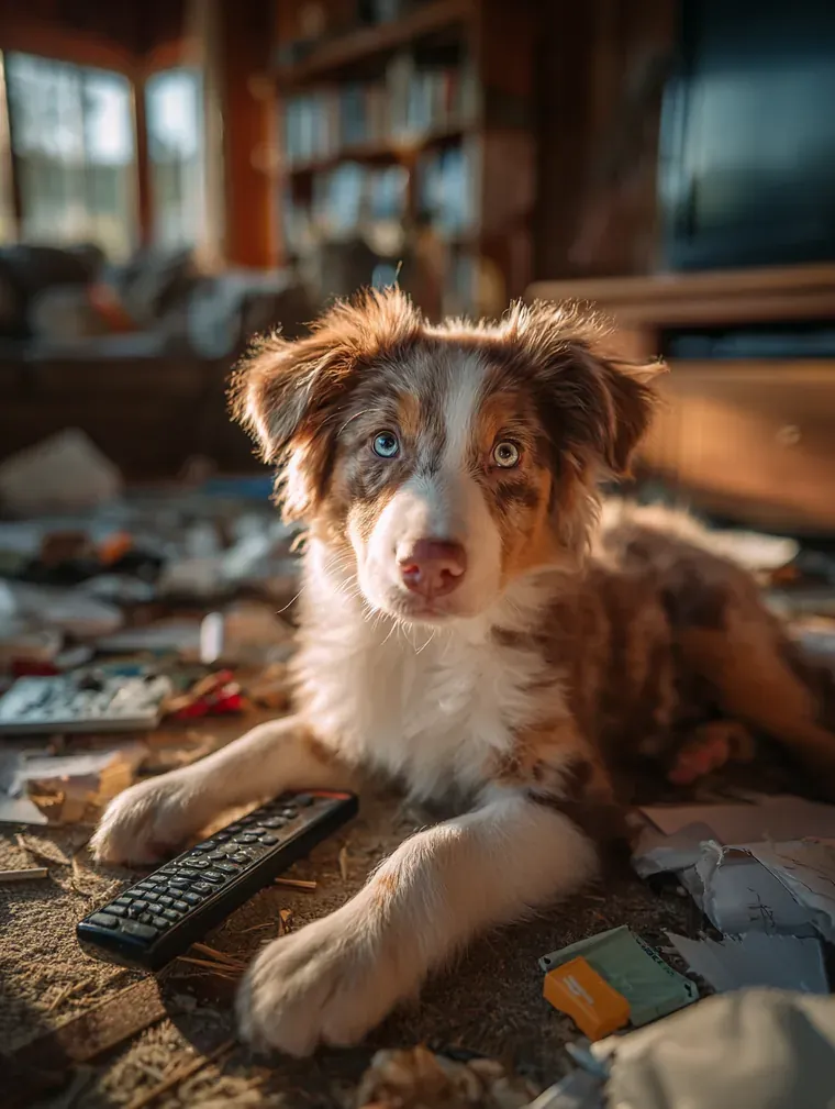 Puppy lying in a living room surrounded by shredded paper and a chewed remote