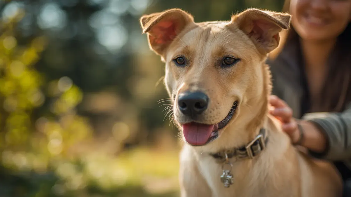 A relaxed dog being greeted by its owner outdoors