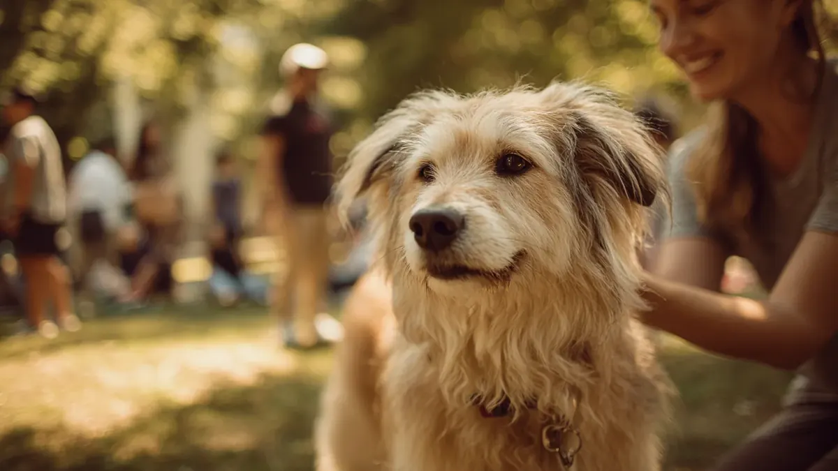 A calm dog beside its owner in a busy outdoor space