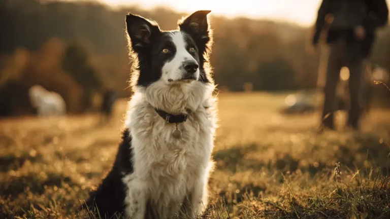 A border collie sitting alert on a tree-lined autumn trail