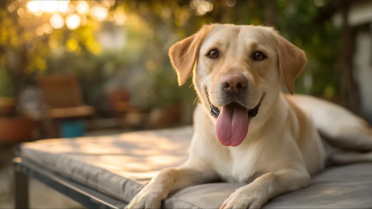 A relaxed Labrador holding a place command on its bed